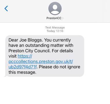 An example of an SMS message from Preston City Council