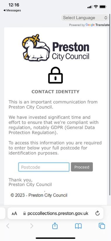 A page detailing GDPR information and asking for a user to input their postcode for verification purposes