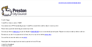 An example of an Email message from Preston City Council regarding council tax