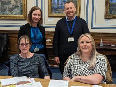 Back left to right, Sarah Threlfall Assistant CEO Preston City Council and Peter Griffiths, UKSPF Programme Manager. Front left to right UK Skills Academy Head of Funding Sue Taylor and CEO Gemma Beech at their onboarding session.