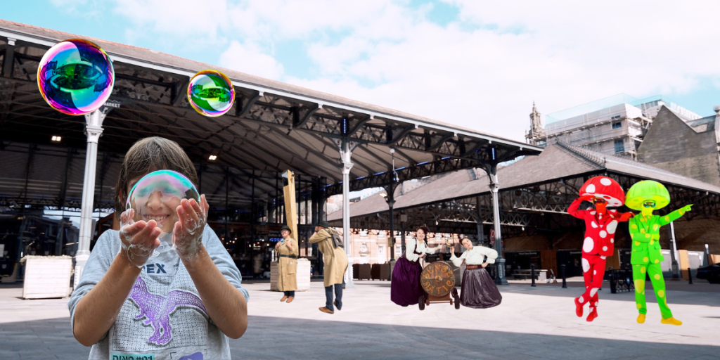 Preston Market canopy with a variety of performers.