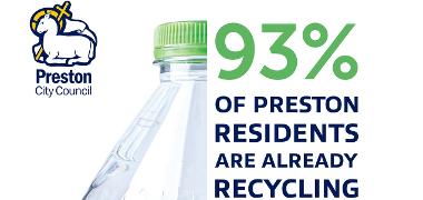 Plastic bottle with words 93% of Preston residents already recycling