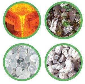 Melted metal, crushed glass, washed and pelletised plastic, paper and card pulp