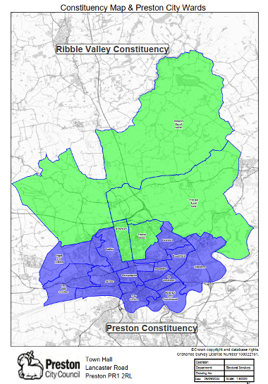 Constituency map and Preston City Wards