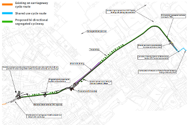 Map of the proposed extent of the proposed East-West link bi-directional cycle route.