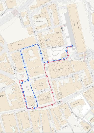 Map of Remembrance Sunday parade route, with the red line being the route in, and the blue line being the route out from the Flag Market