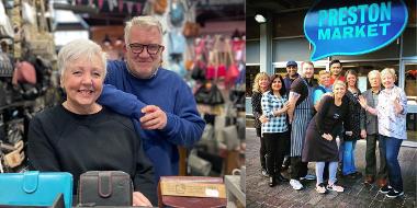 Sheridan's bags and bags traders in current stall and outside the old Preston Markets with other traders