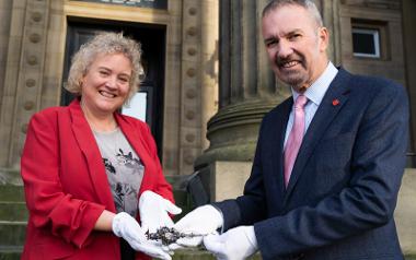 Councillor Anna Hindle, Cabinet Member for Culture and Arts at Preston City Council handing over The Harris ceremonial key to Harry Coughlin, Director, The Hub Consulting Limited