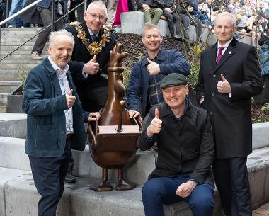 The opening of the feather mcgraw statue by the Mayor and Nick Park