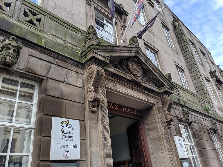 The entrance of the Town Hall in Preston