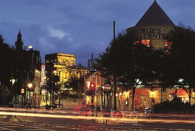 Preston Town Centre at night with the Harris Museum lit up